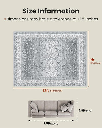 AMADA HOMEFURNISHING 9x12 Area Rugs, Washable Living Room Rug with Non-Slip Backing, Low Pile and Durable Edge Binding, Soft Vintage Floral Rugs for Living Room, Bedroom, Dining Room