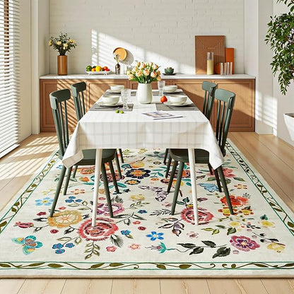 Rugflix 5x7 Washable Area Rug for Living Room, Soft Non Slip Low Pile Carpet, Floral Vintage Stain Resistant Rugs for Bedroom, Dining Room, Home Office, Beige Yellow