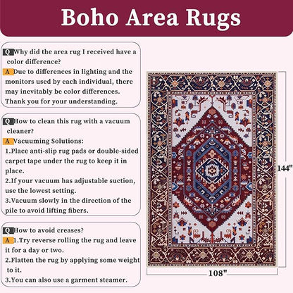 SERISSA 9x12 Area Rugs for Living Room, Large Washable Non-Slip Boho Rug, Ultra Soft Vintage Burgundy Navy Oriental Tribal Print Distressed Carpet for Dining Room Bedroom Dorm Office Home Decor
