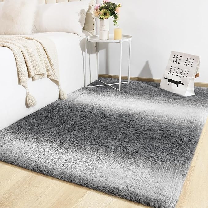 TWINNIS Super Soft Shaggy Rugs Fluffy Carpets, 8x10 Feet, Indoor Modern Plush Area Rugs for Living Room Bedroom Kids Room Nursery Home Decor, Upgrade Anti-Skid Rectangular Fuzzy Rug, Grey White