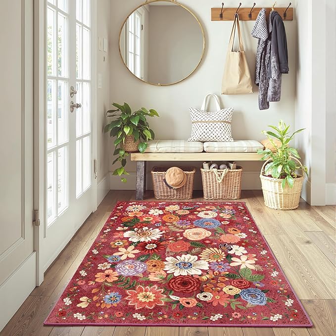 Floral Machine Washable Rug, 3x5 Rug Non Slip Soft Bedroom Rugs for Entryway Dorm, Ultra-Thin Rugs for Bedroom Stain Resistan(3 x 5, Red Garden)