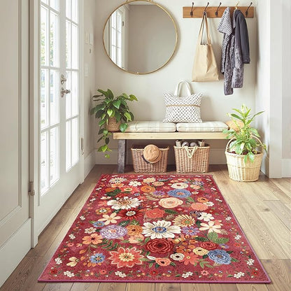 Floral Machine Washable Rug, 3x5 Rug Non Slip Soft Bedroom Rugs for Entryway Dorm, Ultra-Thin Rugs for Bedroom Stain Resistan(3 x 5, Red Garden)