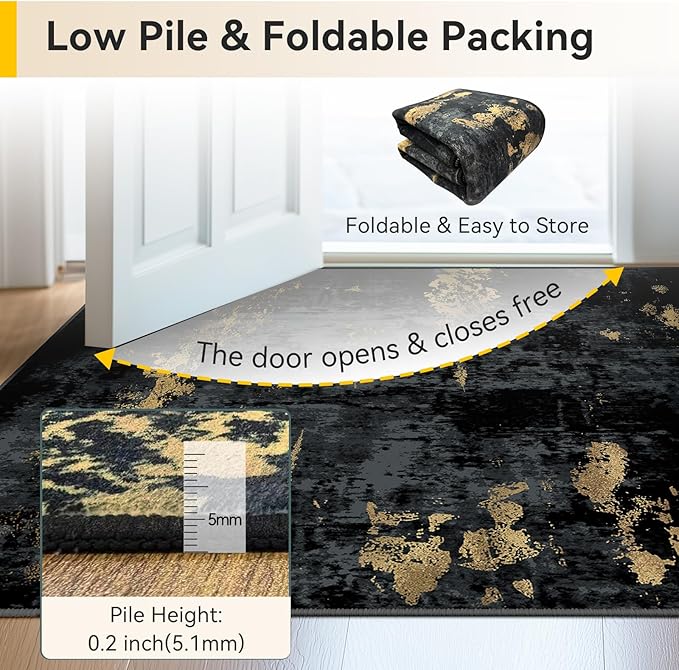 Washable Area Rugs Square 8ft Non-Slip Modern Abstract Soft for Living Room Entryway Bedroom Nursery, Print Pattern, Dark Black Gold