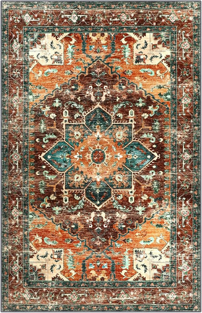 Yamaziot Area Rug 5x7, Non-Slip Washable Boho Vintage Living Room Bedroom Rug with Rubber Backing, Low Pile Faux Wool Soft Distressed Rug Floor Carpet for Living Room, Bedroom