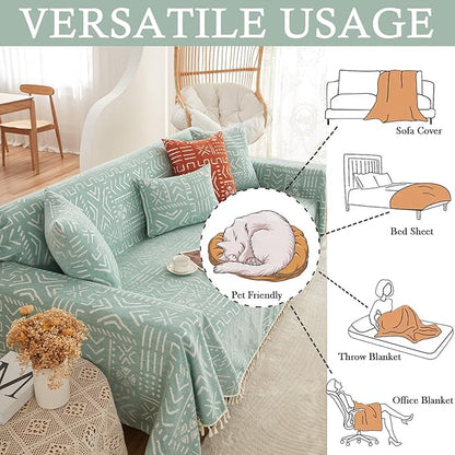 HANDONTIME Farmhouse Couch Cover Tassel Light Green Sofa Covers for Dogs Boho Décor Geometric Aztec Couch Cushion Cover Sofa Protector Cover Sectional Couch Covers for 3 Cushion Couch, 71" X150"