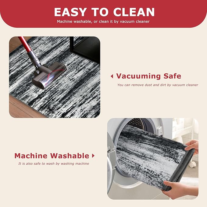 KOZYFLY Modern Abstract Washable Rug Runner 2.6x12 Hallway Rug Runner Non-Slip Soft Kitchen Runner Rugs, Black Navy Blue Grey Striped Carpet for Entryway Bathroom Laundry Room Foyer