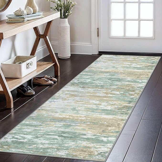 KOZYFLY Modern Abstract Runner Rugs 2x6 Light Green Yellow Machine Washable Area Rug for Bedroom Non-Slip Living Room Rug, Faux Wool Soft Low Pile Office Carpet for Bedroom, Kitchen Bathroom