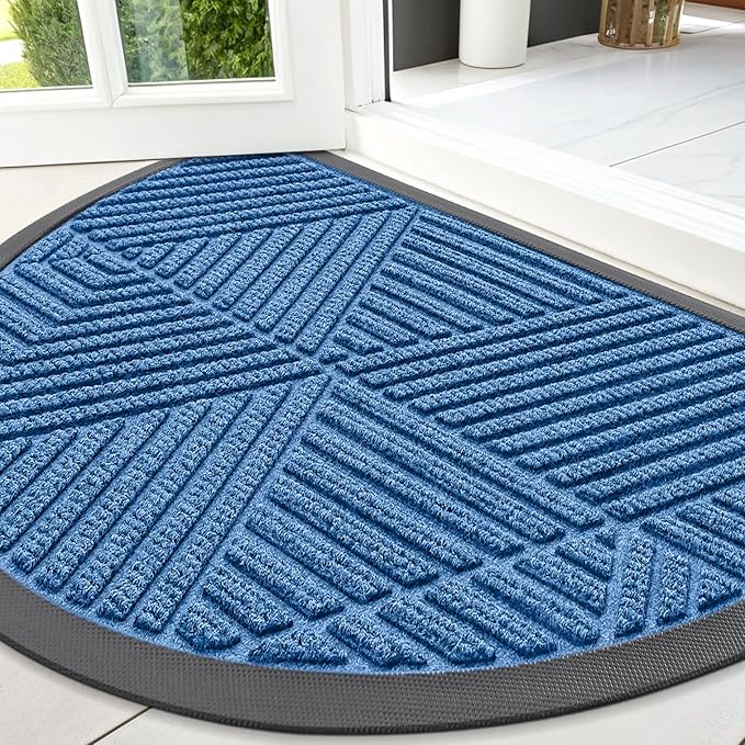 Smiry Half Circle Front Door Mat Outside Entrance, Heavy Duty Sturdy Natural Rubber Doormat, Trap Dirt and Moisture, Low Profile Mats for Indoor Outdoor Entry, Irregular Triangle (47x32, Blue)