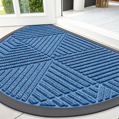 Smiry Half Circle Front Door Mat Outside Entrance, Heavy Duty Sturdy Natural Rubber Doormat, Trap Dirt and Moisture, Low Profile Mats for Indoor Outdoor Entry, Irregular Triangle (47x32, Blue)