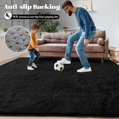 5x7 Area Rug for Living Room: Fluffy Shag Soft Washable Rugs Fuzzy Plush Indoor Carpet for Bedroom Nursery Playroom Dorm Kids Girls Boys Room (Black, 5'x7')