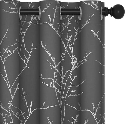 Deconovo Grey Blackout Curtains, Thermal Insulated Soundproof Drapes, Silver Branch Foil Print, 42 x 84 Inch, 2 Panels, Machine‑Washable Privacy Window Panel for Living Room Bedroom Nursery Office
