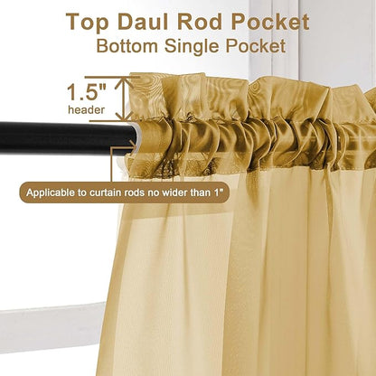 Chyhomenyc Gold Sheer Curtains 96 inches Long 2 Panels, Light Filtering Soft Airy Solid Elegant Voile Window Treatment Drapes for Bedroom Living Room Wedding Party Decor, 42 Wx96 L, 8FT L