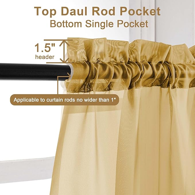 Chyhomenyc Gold Sheer Curtains 96 Inches Long 2 Panels, Light Filtering Gold Curtains for Living Room, Soft Gentle Voile Rod Pocket Bedroom Window Drapes, 59Wx96L Inch, 2PCS