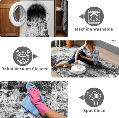 5x12 Runner Rug for Wide Hallway: Long Washable Runners for Entryway Living Room Dining Room - Stain and Water Resistant Rugs with Non-Slip Backing - Soft Low-Pile Carpet Black Grey
