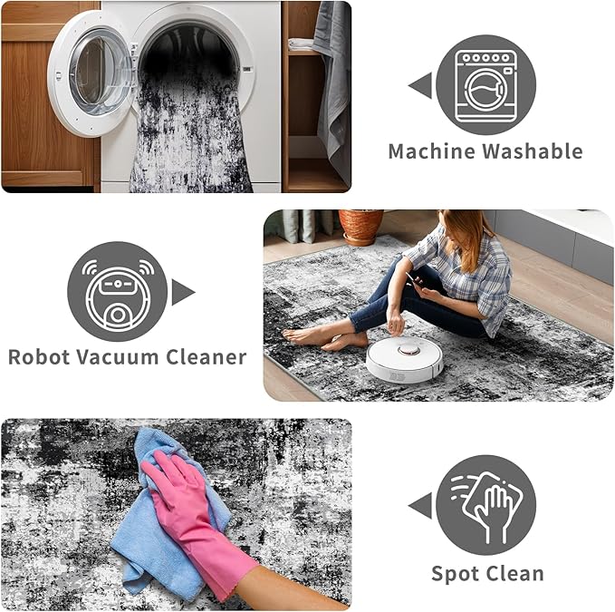 2x6 Washable Runner Rugs for Hallway: Easy-to-Clean Abstract Runners for Entryway Bedroom - Stain and Water Resistant Rugs with Non-Slip Backing - Soft Low-Pile Carpet Black Grey