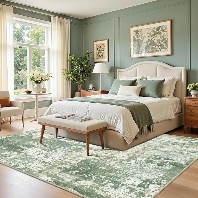 Washable Area Rugs 7'x9' Non-Slip Modern Abstract Soft for Living Room Entryway Bedroom Nursery, Print Pattern, Light Green/Yellow