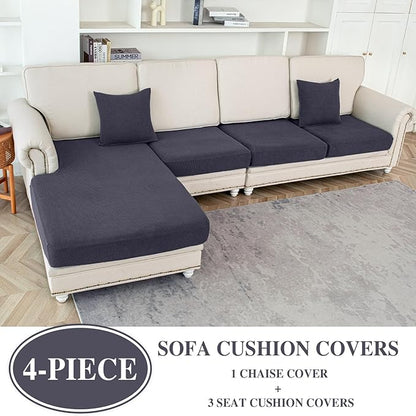 Couch Cushion Covers for Sectional Sofa L Shape Washable Separate Seat Chaise Couch Cover Stretch Sofa Slipcovers with 2 Pcs Pillowcases(3 Seater + 1 Chaise, Dark Grey)