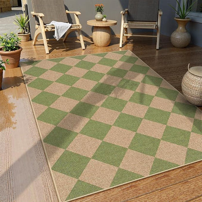 Lahome Colette Green Checkered Easy Jute Rug, 3x5 Washable Outdoor Rug Neutral Rug for Entryway, Checkerboard Non Slip Non Shedding Floor Carpet for Living Room Front Door Porch