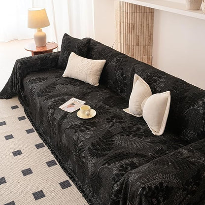HANDONTIME Washable Couch Covers for Sofa Boho Couch Covers for 3 Cushion Sofa Pet Friendly Black Chenille Jacquard Couch Protector for Dogs Plant Branch Sectional Cover Sofa Slipcovers, 71" X 134"