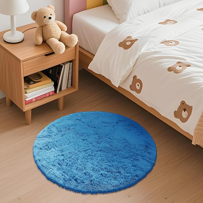 OLANLY Bright Blue Round Rugs for Bedroom - Machine Washable, 2 ft Circle Area Rugs for Living Room, Soft and Fluffy Shaggy Carpet for Teen Girl and Boys, Nursery Rooms, Dorms, Home Decor Aesthetic