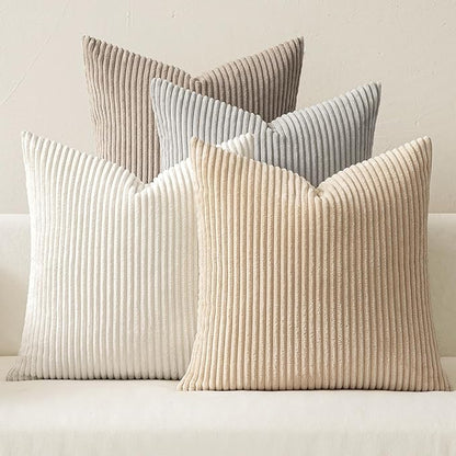 MIULEE Boho Farmhouse Throw Pillow Covers 18x18 Inch Set of 4 Neutral Tan Decorative Cushion Covers Soft Corduroy Nordic Spring Home Decor for Couch Bed Sofa Living Room