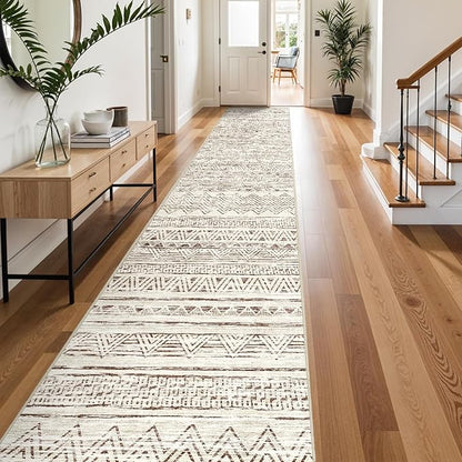 Ksrau 3x20 Runner Rug Washable - Extra Long Non-Slip Modern Runners for Hallway Soft Moroccan Low Pile Indoor Floor Mat for Living Room Kitchen Waterproof Geometric Runner Rugs Entryway 3x20 Beige