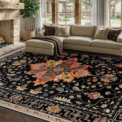 Area Rugs 7'x9' Washable Non-Slip, Floral Vintage Distress Print Pattern Medallion Carpet for Living Room Bedroom Dining Room, Black Colorful Floral Dark Tan