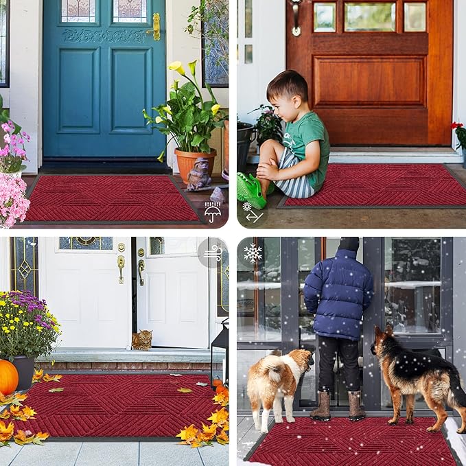 Smiry Front Door Mat Outside Entrance, Heavy Duty Sturdy Natural Rubber Doormat, Trap Dirt and Moisture, Easy Clean Low Profile Mats for Indoor Outdoor Entry, Irregular Triangle (71x47, Wine Red)