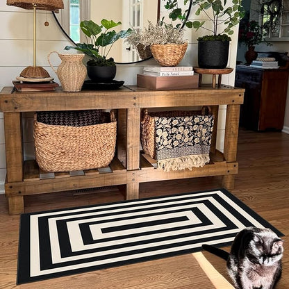 Front Door Mat Indoor Entrance - 2x4.3 Ft Modern Washable Layered Doormat Outdoor Entrance Porch Rug Non-Slip Black White Geometric Runner Rug for Kitchen Bedroom Laundry Room Porch Decor