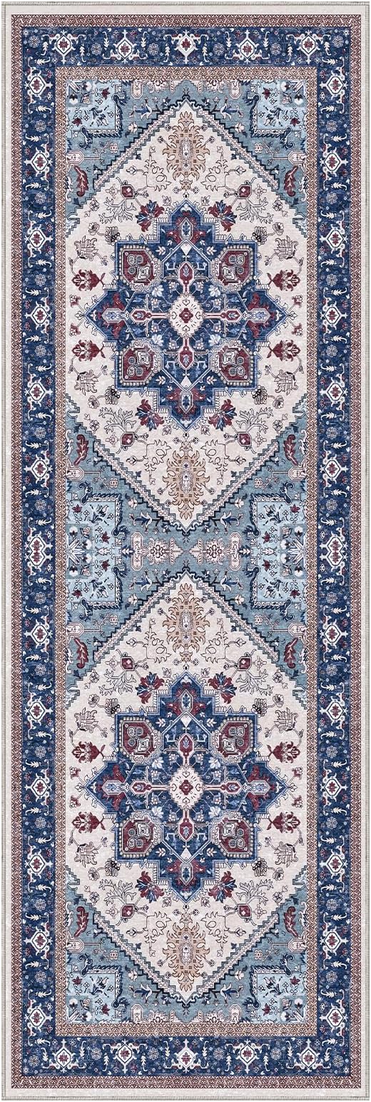 OPPODREAM Soft Entryway Rug 2x6, 2x6 Rug Runner, Washable Hallways Carpet 2 x 6 with Non Slip Backing, Low-Pile Bedside Carpet 2 x 6, Long, Faux Cashmere, Navy Blue & Red & Cream