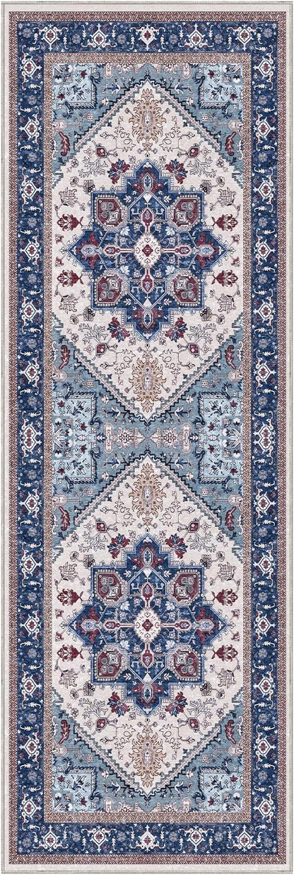 OPPODREAM Soft Entryway Rug 2x6, 2x6 Rug Runner, Washable Hallways Carpet 2 x 6 with Non Slip Backing, Low-Pile Bedside Carpet 2 x 6, Long, Faux Cashmere, Navy Blue & Red & Cream