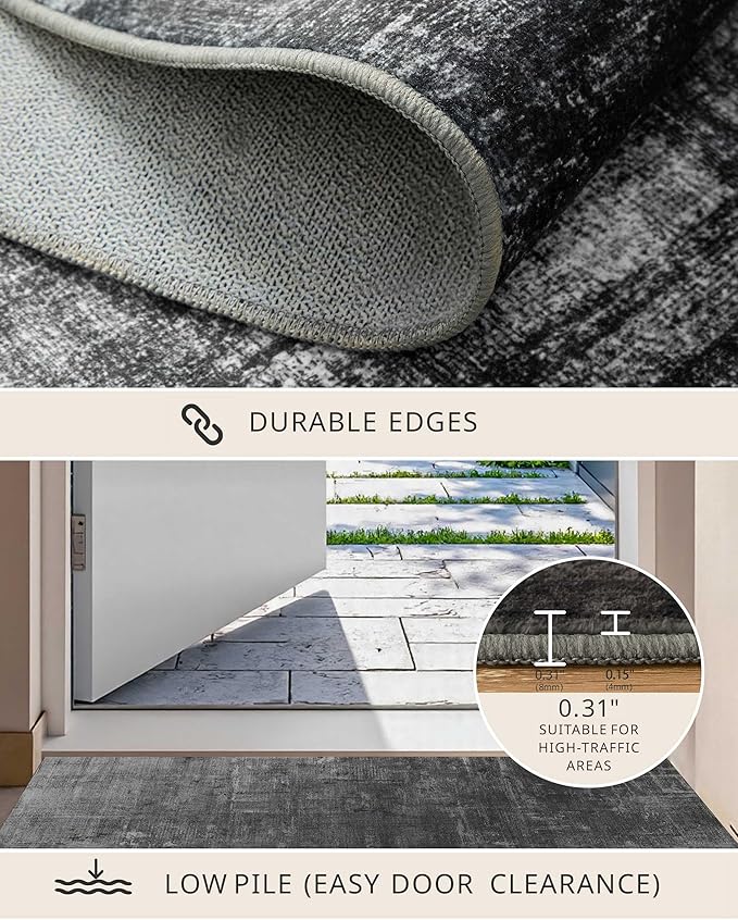 Latte&Fog 3x5 Entryway Rug Indoor, Modern Abstract Washable Area Rug, Boho Non Slip Low Pile Throw Carpet for Indoor Bedroom Bedside, Kitchen, Entry and Living Room - Black