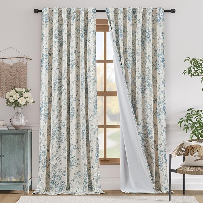 jinchan Blackout Floral Curtains for Living Room Bedroom Linen Blend Curtain Farmhouse Blue Printed with Lined Back Tab Rod Pocket Drapes Window Treatments 2 Panels 96 Inch