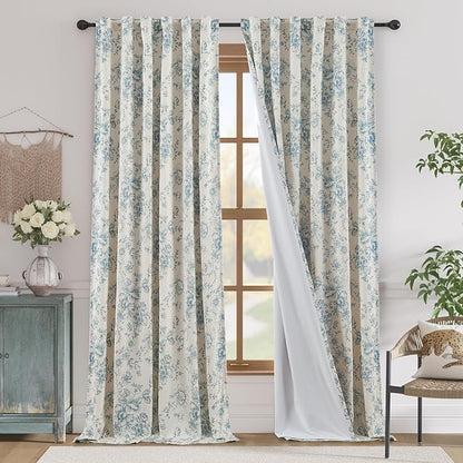 jinchan Blackout Floral Curtains for Living Room Bedroom Linen Blend Curtain Farmhouse Blue Printed with Lined Back Tab Rod Pocket Drapes Window Treatments 2 Panels 96 Inch