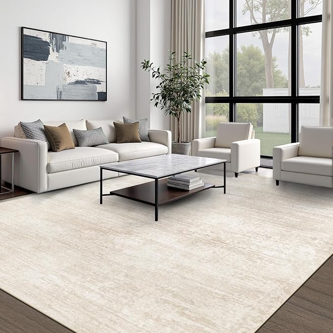 Area Rugs 10x14 Living Room: Washable Rug Modern Abstract Neutral Soft Non-Slip Low-Pile Indoor Large Carpet for Bedroom Dining Room Playroom Home Office (Beige, 10'x14')
