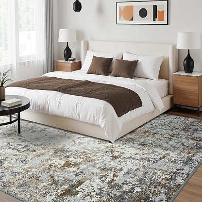 Toneed Abstract Area Rug Modern Washable Rug Soft Non Slip Rug Low Pile for Bedroom Living Room Dining Room Brown/Grey 5x7 Feet