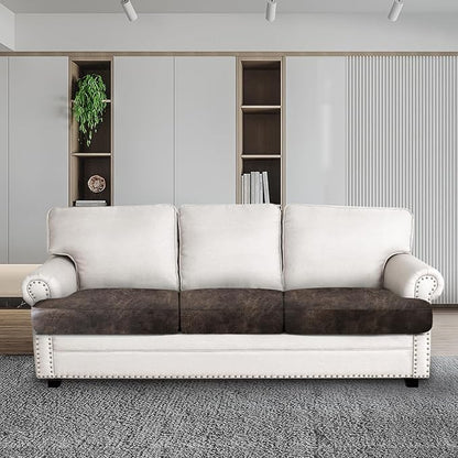 Leather Look Couch Cushion Covers Sofa Seat Slipcovers Sets Couches Furniture Protector for Sectional Armchair Loveseat Pets Kids Stretch Spandex Fabric (3 T-Cushion Sofa, Brown)