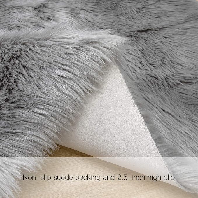 Ciicool Ultra Soft Faux Sheepskin Fur Rug Fluffy Rug for Bedroom Fuzzy Carpet for Living Room Kid's Room Nursery Decor, Grey 2 x 6 Feet