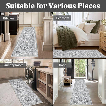 Yamaziot Washable Runner Rug 2x6 – Non Slip Boho Floral Hallway Runner Rug with Rubber Backing, Low Pile Faux Wool Distressed Carpet for Kitchen, Laundry, Bedroom, Entrance, Gray