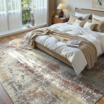 Living Room Rug 7x10 Beige Area Rugs Machine Washable Abstract Boho Large Rug Non-Slip Non-Shedding Faux Wool Indoor Vintage Carpet for Bedroom, Classroom, Dining Room, Kids Playroom