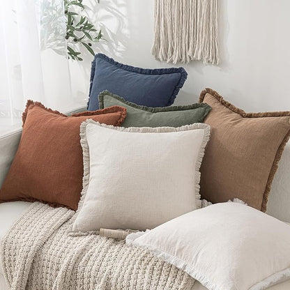 MIULEE Decorative Throw Pillow Covers Neutral Linen Fringe Throw Pillows Set of 2 Natural Beige Boho Farmhouse Cushion Covers with Tassels for Couch Sofa Bed Living Room Spring Decor 18x18 Inch