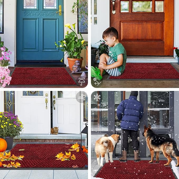 Smiry Front Door Mat Outside Entrance, Heavy Duty Sturdy Natural Rubber Doormat, Trap Dirt and Moisture, Easy Clean Low Profile Mats for Indoor Outdoor Entry, Irregular Triangle (47x32, Deep Red)