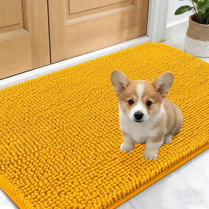 OLANLY Dog Door Mat for Muddy Paws 24x16, Absorbs Moisture and Dirt, Absorbent Non-Slip Washable Doormat, Quick Dry Chenille Mud Mat, Entry Indoor Entryway Carpet for Inside Floor, Golden Yellow