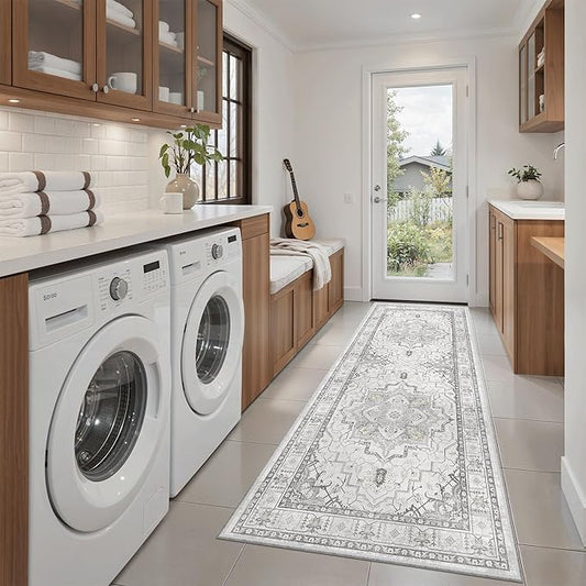 Madane Washable Runner Rug - 2x6 Rug Runners for Hallways 6 Foot Non Slip Vintage Kitchen Runner Rug Ultra-Thin Bathroom Runner Rugs Carpet Laundry Room Bedroom (2x6ft, Grey)