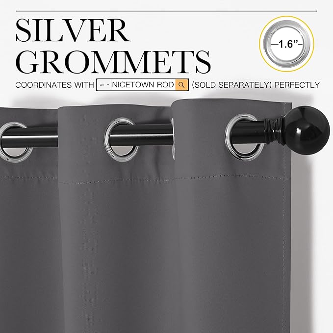 NICETOWN Blackout Curtain Panels for Bedroom, 2 Panels, W52 x L60-inch, Grey, Thermal Insulated Grommet Top Blackout Draperies and Drapes for Basement