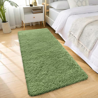 OLANLY 2x5 Machine Washable Runner Rugs for Hallway, Soft Fluffy Shaggy Bedside Rugs for Bedroom, Living Room, Indoor Floor Carpet for Kids Girls and Boys, Home Decor Aesthetic, Green