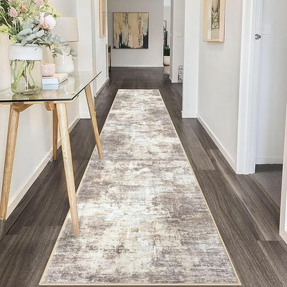 IOHOUZE Abstract Runner Rug 2x10 Ft Washable Runners for Hallways, Non Slip Kitchen Runner Printed Faux Wool Entryway Runner Indoor, Modern Abstract Floor Carpet for Hall Kitchen, Beige Brown