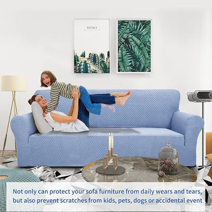 ZNSAYOTX 1 Piece Jacquard Couch Covers for 3 Cushion Couch Living Room High Stretch Sofa Cover Pets Dogs Friendly Anti Slip Thickened Slipcovers Furniture Protector (Large, Light Blue)