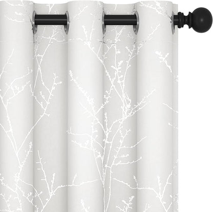 Deconovo Room Darkening Curtains, White Curtain, Thermal Insulated & Noise Reducing Drapes, Silver Branch Pattern, 42 x 63 Inch Long, Grommet Panels for Bedroom Living Room Office Nursery, Set of 2