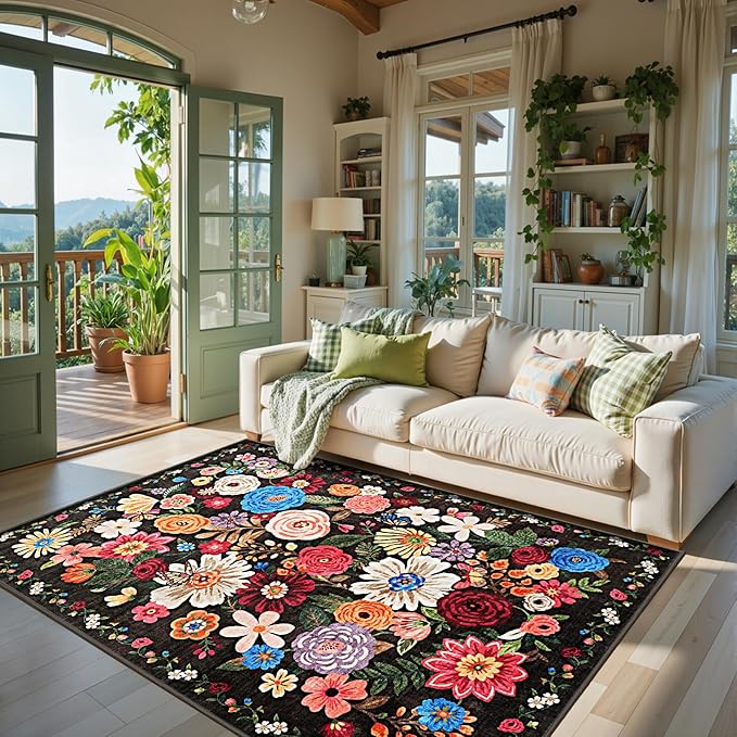 Area Rug 4x6 Black/Brown Rug, Washable Boho Rugs Non Slip Low Pile Floral Small Carpet for Bedroom, Bedside, Kids Room, Office, Dining Room(Black/Brown, 4 x 6)